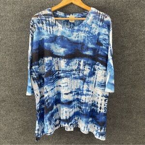 Jess & Jane Womens Semi Sheer Top Size Large Blue Elbow Sleeve Pullover Artsy